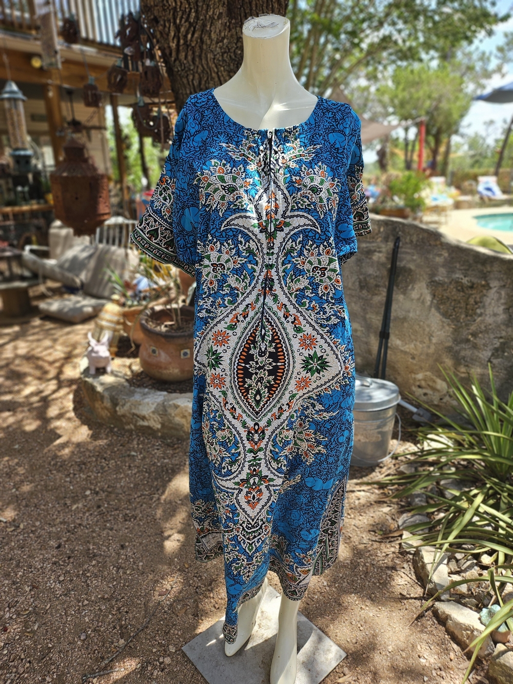 Blue Cotton Floral Maxi Afghan Dress with Boho Print L